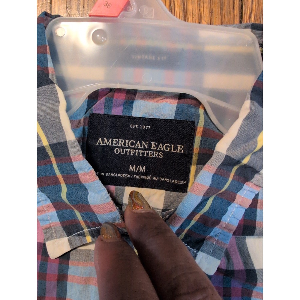 American Eagle Outfitters Mens Medium Plaid Short Sleeve Button Down Shirt Blue - Picture 3 of 7
